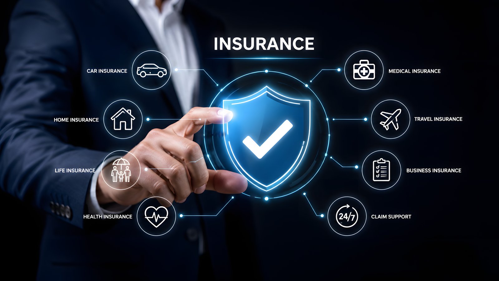 A businessman pressing a glowing digital shield checkmark icon surrounded by car, home, life, health, medical, travel, and business insurance options