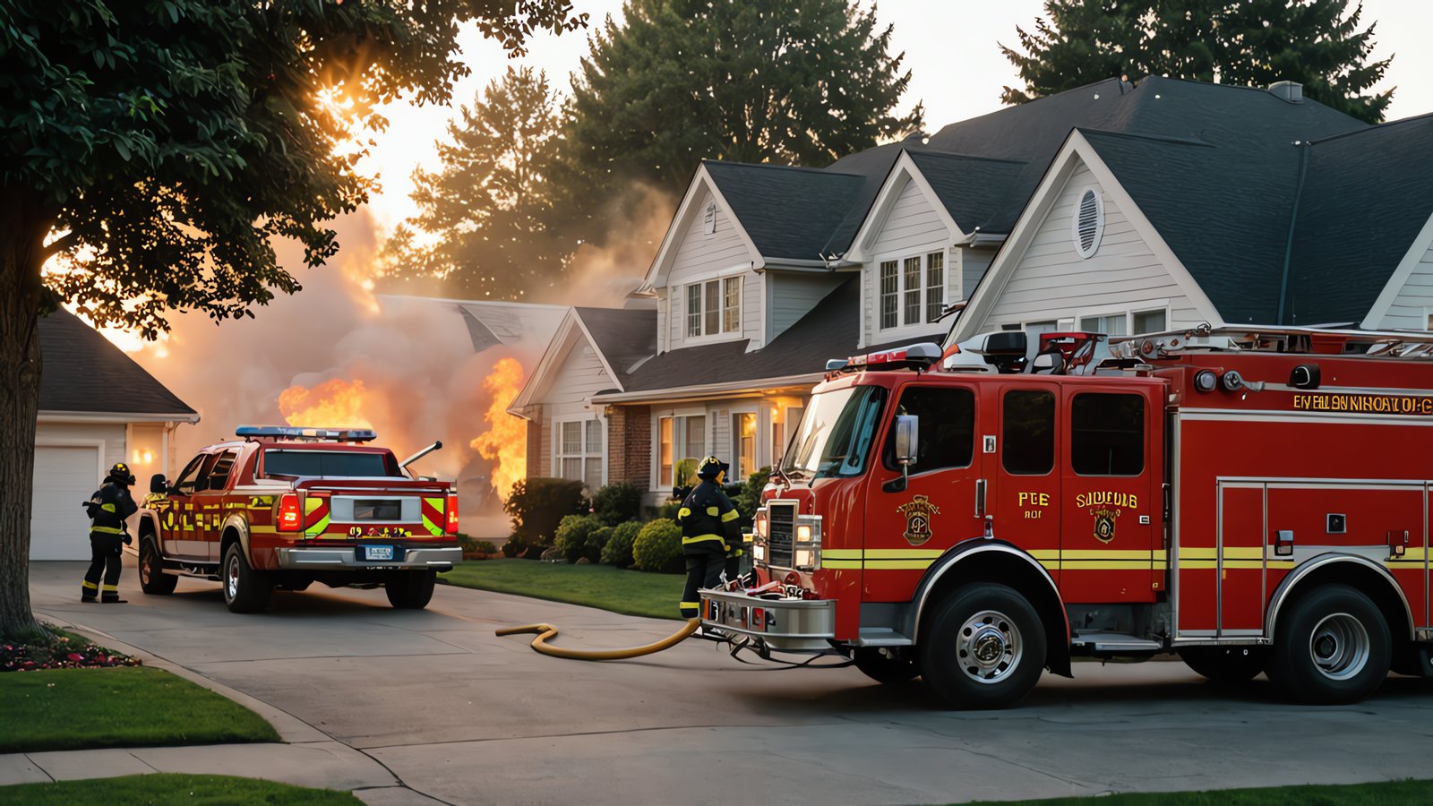 Fire engines and firefighters responding to a blazing structure fire at a suburban residential home