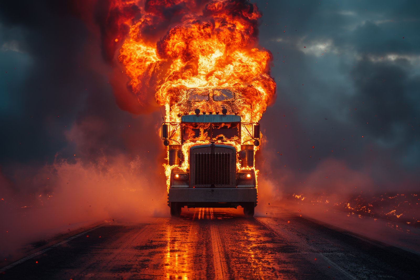 A large commercial semi-truck engulfed in massive flames and thick smoke on an open highway